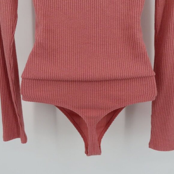 Express Women Small Pink Ribbed V Neck Wrap Long Sleeve Bodysuit One Piece NEW - Picture 6 of 10